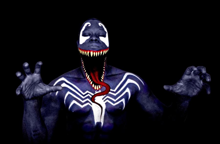 Swapping polyester fabric for dramatic shades of makeup, Sevil Beck of DoXa’s Face and Body Art in the U.K. brings Marvel Comics villain and Spiderman adversary Venom to life. Believe it or not, this was Beck’s first attempt at body art.