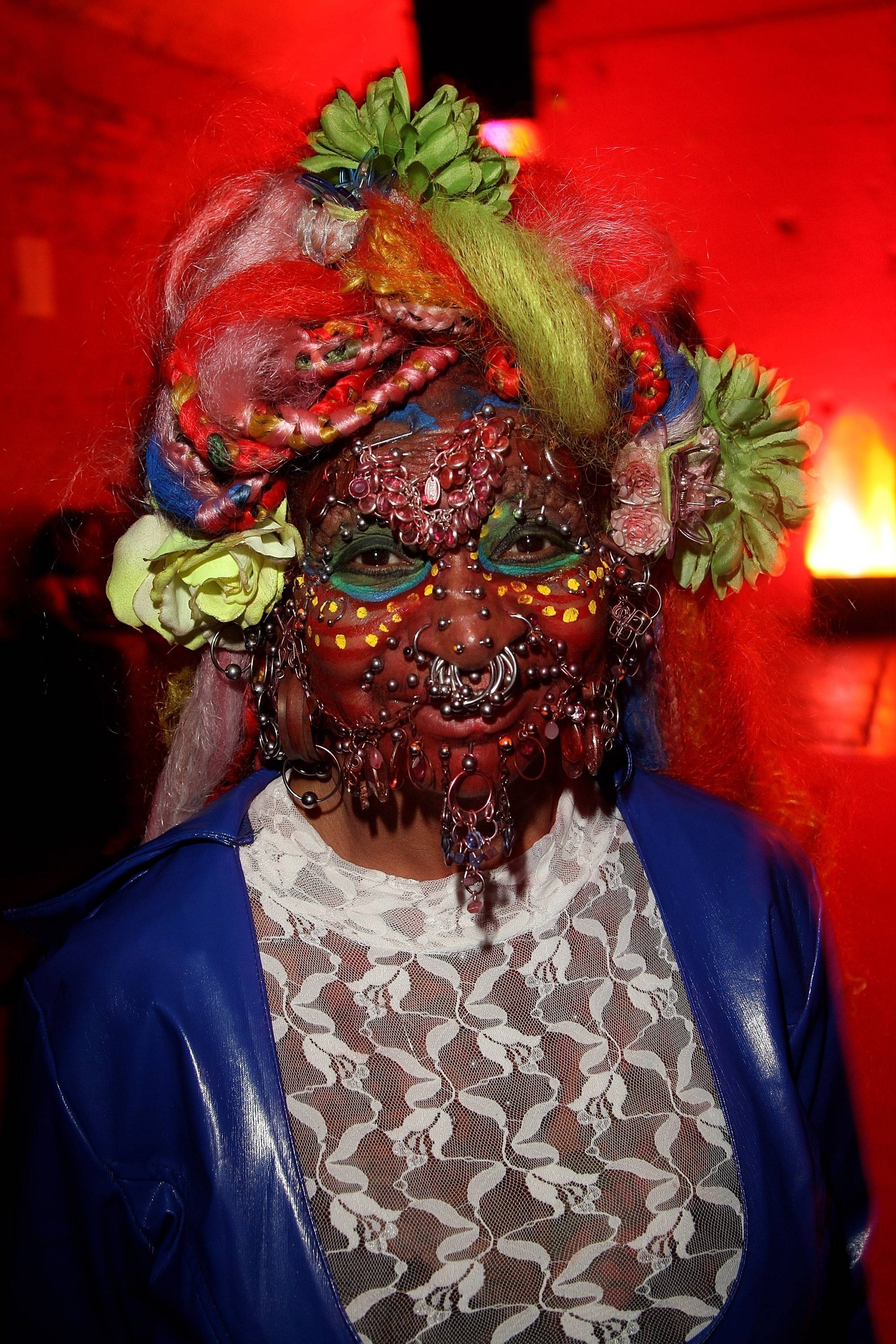 LONDON - OCTOBER 06:  (UK TABLOID NEWSPAPERS OUT) Elaine Davidson, record holder as the most pierced woman, attends the Skin Two Rubber Ball at SeOne on October 6, 2007 in London, England. The 16th annual event celebrates fetish glamour and style.  (Photo by Dave Hogan/Getty Images)