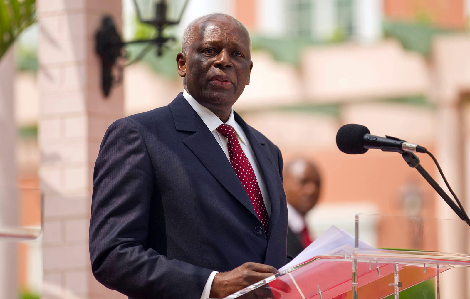President of Angola Jose Eduardo dos Santos speaks during a press conference at the presidential palace in Luanda, Angola, 13 July 2011. German Chancellor Angela Merkel (not pictured) met with Angolan leaders on 13 July on the second stage of her three-nation tour of Africa and expressed Berlin's readiness to help Angola in the defence sector. Merkel was welcomed with military honours by President Jose dos Santos at the presidential palace, becoming the first German government leader to visit Angola since it gained its independence from Portugal in 1975. (Photo Credit: EPA/MICHAEL KAPPELER)