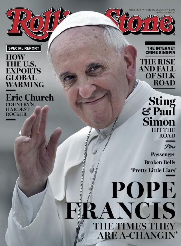 Pope Francis in his typical picture, waving and smiling on the cover of Rolling Stone magazine