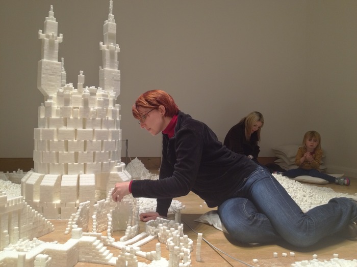 A visitor from France constructing part of the Northern Ireland version of Sugar Metropolis in November 2013 (Photo Credit: Project On Kickstarter)