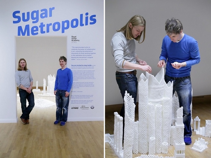 Mark Revels and Brendan Jamison constructing the Northern Ireland version of Sugar Metropolis in November 2013 (Photo Credit: Project On Kickstarter)