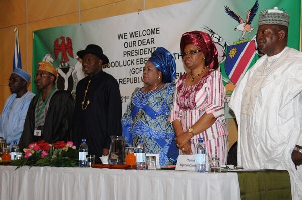 President Jonathan & Dame Jonathan at a meeting with Nigerian community in Namibia. Photo: Reuben Abati