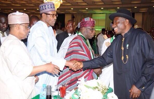 All for the love of Nigeria-President Jonathan with former leaders at the Centenary awards.