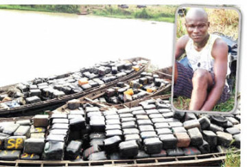 Pipeline vandal, Daniel and the seized jerrycans | Photo: Punch