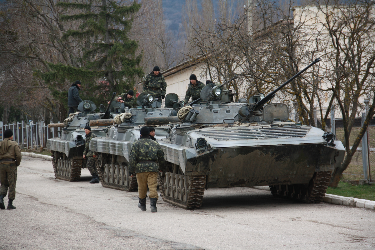 Russian military forces block a Ukrainian military base in Perevalne Sunday, March 2, 2014.