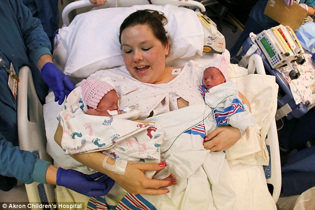 (Photo Credit: Akron's Children Hospital) Bundles of joy! Sarah Thistlethwaite holds her twins