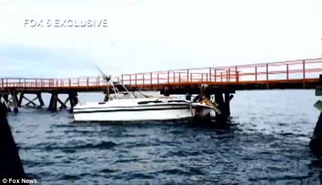 Drunken sex smash: This is Gallo's boat - which crashed into the side of the runway lights at La Guardia Airport in New York City