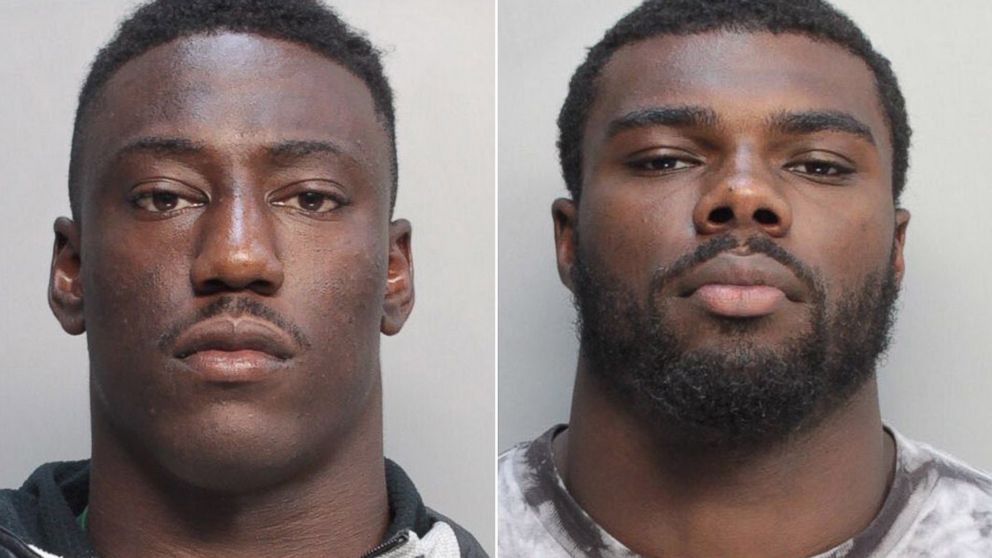 University of Miami football players JaWand Blue and Alexander Figueroa are shown in booking photos July 8, 2014.
