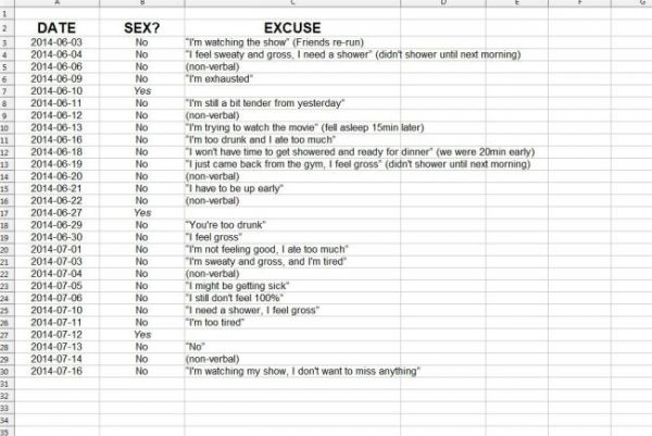 The husband detailed his sex life in a spreadsheet (Photo Credit: Reddit/ throwwwwaway29)