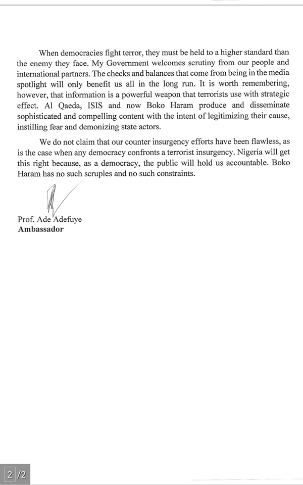 Statement by Nigerian Ambassador to United States on allegations of abuse by Nigerian Armed Forces