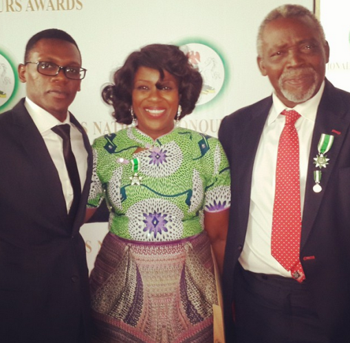Joke Silver, middle, her husband Olu Jacobs, right, and their son, left on the day she was decorated with the Award of Member of the Federal Republic, MFR. Monday, September 29, 2014