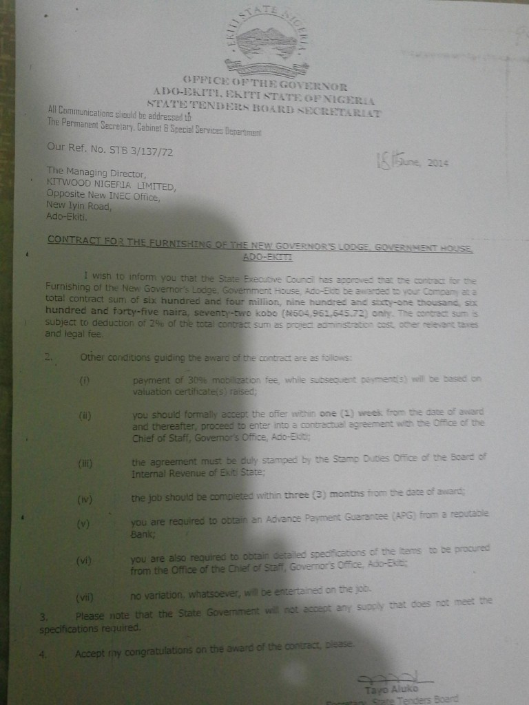 The N605 million furnishing contract letter issued by Governor Fayemi