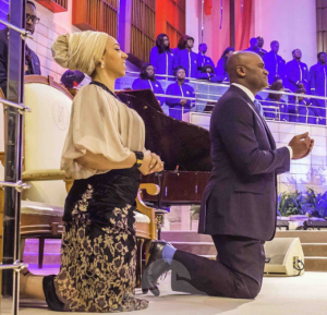 Pastor Paul Adefarasin and his beautiful wife during his mother birthday thanksgiving service at House on the Rock Church (Photo credit: Linda Ikeji)