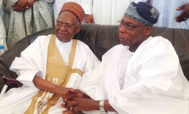 Olusegun and Shehu Shagari at the 90th birthday celebration of the lattar held in Sokoto on Wednesday, february 25, 2015 (Photo Credit: The Cable)