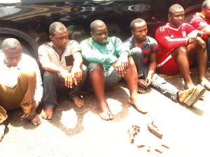 The suspects including three graduates,  arrested by the Lagos state police command for allegedly robbing and stealing cars across the nation. (Photo Credit: Punch)