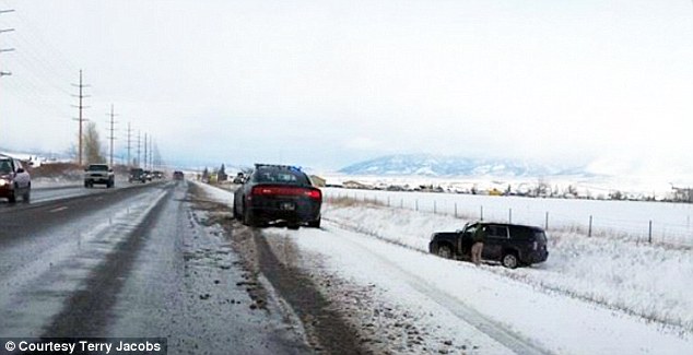 Scene of the Kardashian's car accident in Bozeman on Saturday, February 21, 2015 (Photo Credit: Mail Online)