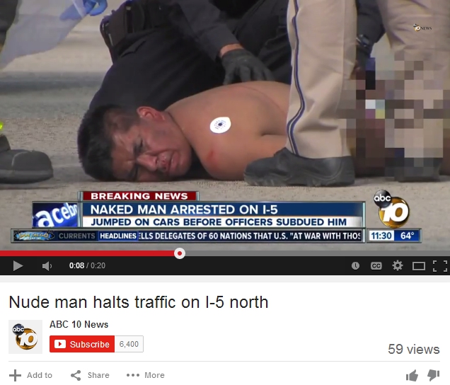 Police officials of the California Highway Patrol struggle to arrest a naked man after he was caught dancing on top of cars on a busy highway. (Photo Credit: Youtube)
