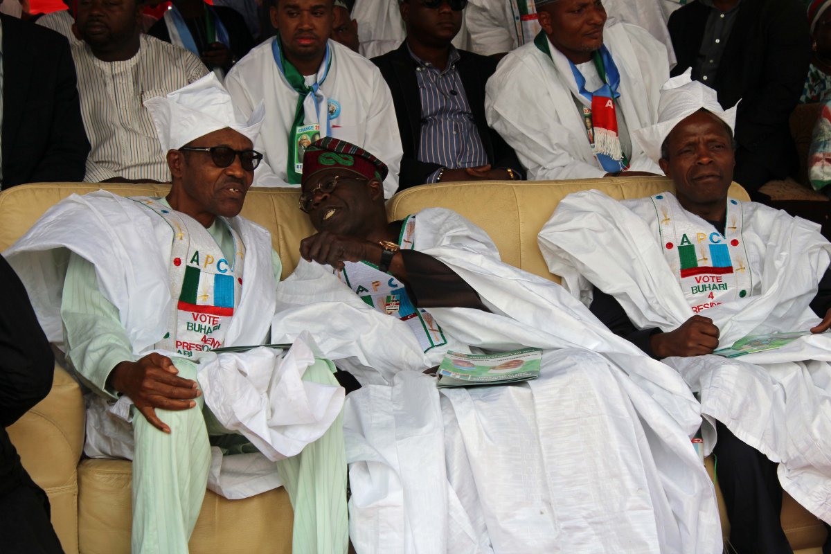 General Muhammed Buhari (Left), the presidential candidate of the All Progressive Congress (APC) with party leader, Bola Ahmed Tinubu and, vice presidential running mate to Buhari, Prof Yemi Osinbajo (right) pictured at a campaign event in Minna, Niger State in 2015 (Photo provided by Buhari Campaign Organisation)