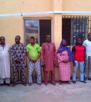 Abdullahi Haruna, 20; Buhari Yusuf, 22; Saheed Adisa, 29; Azeez Akinosun, 36; Lateef Tijani, 37; Adekunle Adenuga, 38; Oloruntoyin Dauda, 46; Jimoh Busari, 50; Isiaka Waidi, 61; and Ahmed Adisa, 65 arrested for Ejigbo market sodomy in 2013. (Photo Credit: Scoop NG)