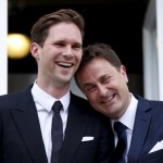 Luxembourg’s PM Bettel poses with his partner Destenay after their wedding ceremony at Luxembourg’s city hall