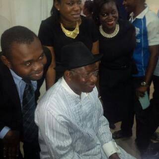 Former President Goodluck Jonathan all smiles in a First Bank branch in Gwarimpa Abuja on Monday, July 13, 2015.