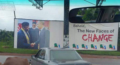 Rochas erected this billboard in Imo State after his visit to the US with General Muhammadu Buhari. 