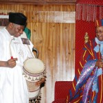 President Goodluck Jonathan left Receving a Gift of a Talking drum from the  Alafin  of Oyo Oba Lamidi Olayiwola Adeyemi  in his Palace in Oyo 15th Feb 2014