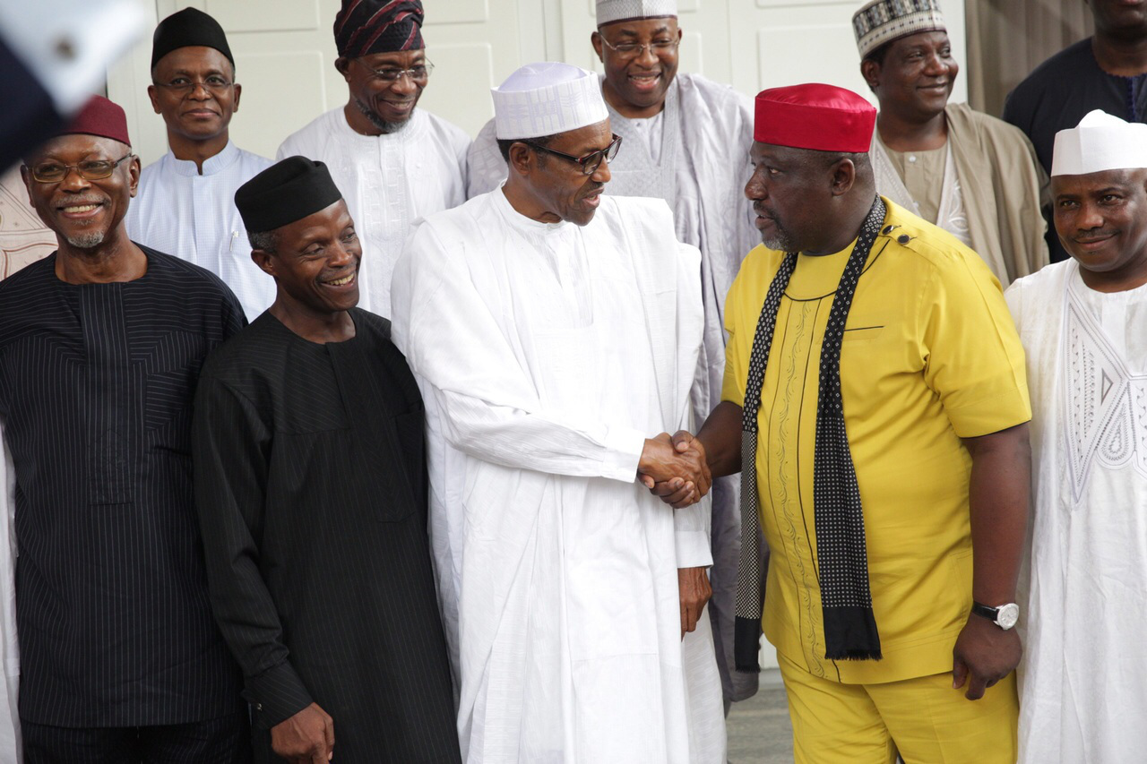 APC Governors and Governors-Elect visit President Elect, General Muhammadu Buhari before the May 29 inauguration. Buhari (front middle) shakes hands with Governor Rochas Okorocha. To his right is Vice President Elect, Professor Yemi Osinbajo and behind him is Kaduna Governor Elect, Nasir El Rufai. 