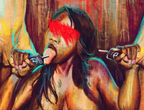Artist paints a naked black woman giving oral sex to a man with Mercedes symbols on them | Duro Arts