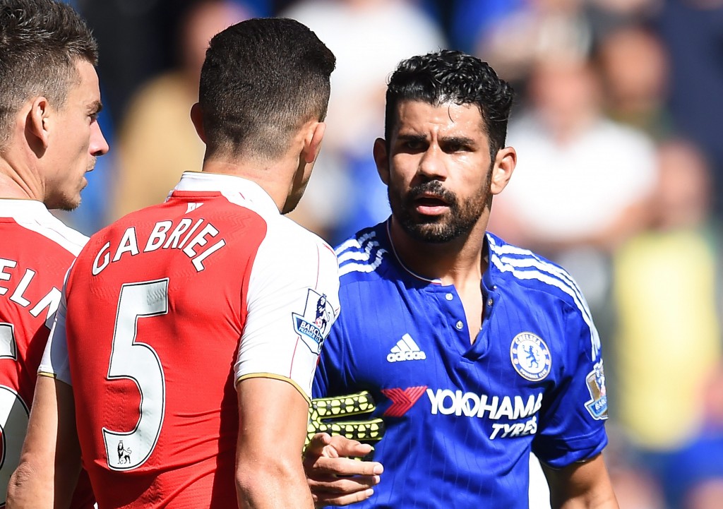 Chelsea's Diego Costa and Arsenal's Gabriel Paulista clash during a premier league match in September 2015 