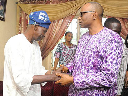 Chief Olu Falae with Governor Segun Mimiko of Ondo State after he was released on Thursday, September 24, 2015