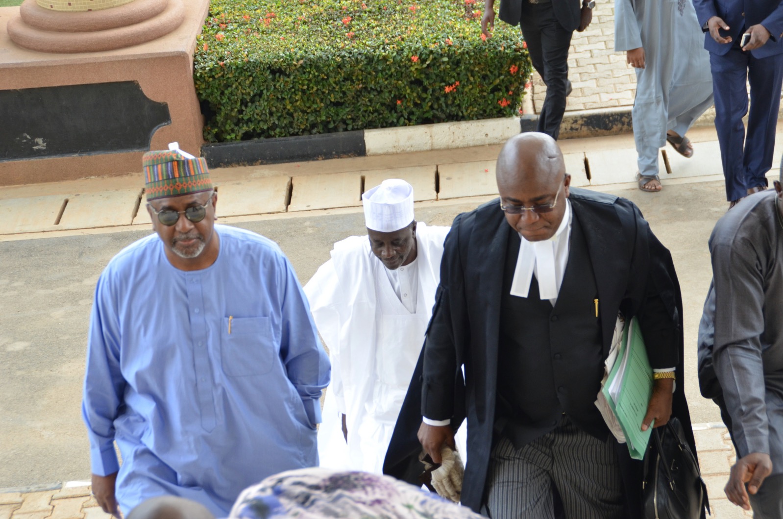 Former National Security Advisor, Sambo Dasuki arrives the Federal High Court, Abuja with his lawyer, Ahmed Raji, September 1, 2015 (Photo Credit: PR Nigeria)