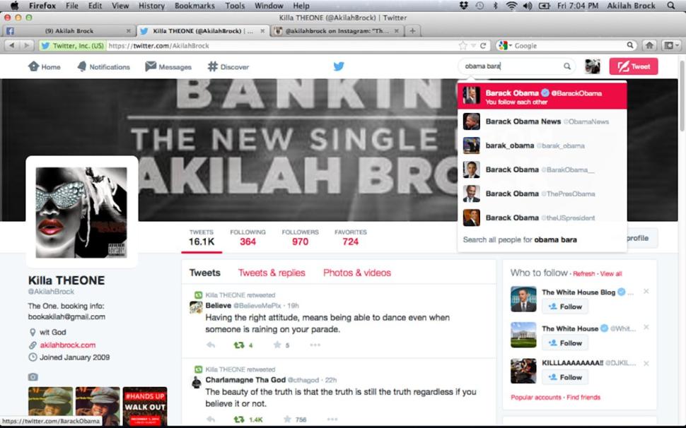 Kam Brock’s Twitter account, @AkilahBrock, shows that President Obama follows her on Twitter. | NYDaily News