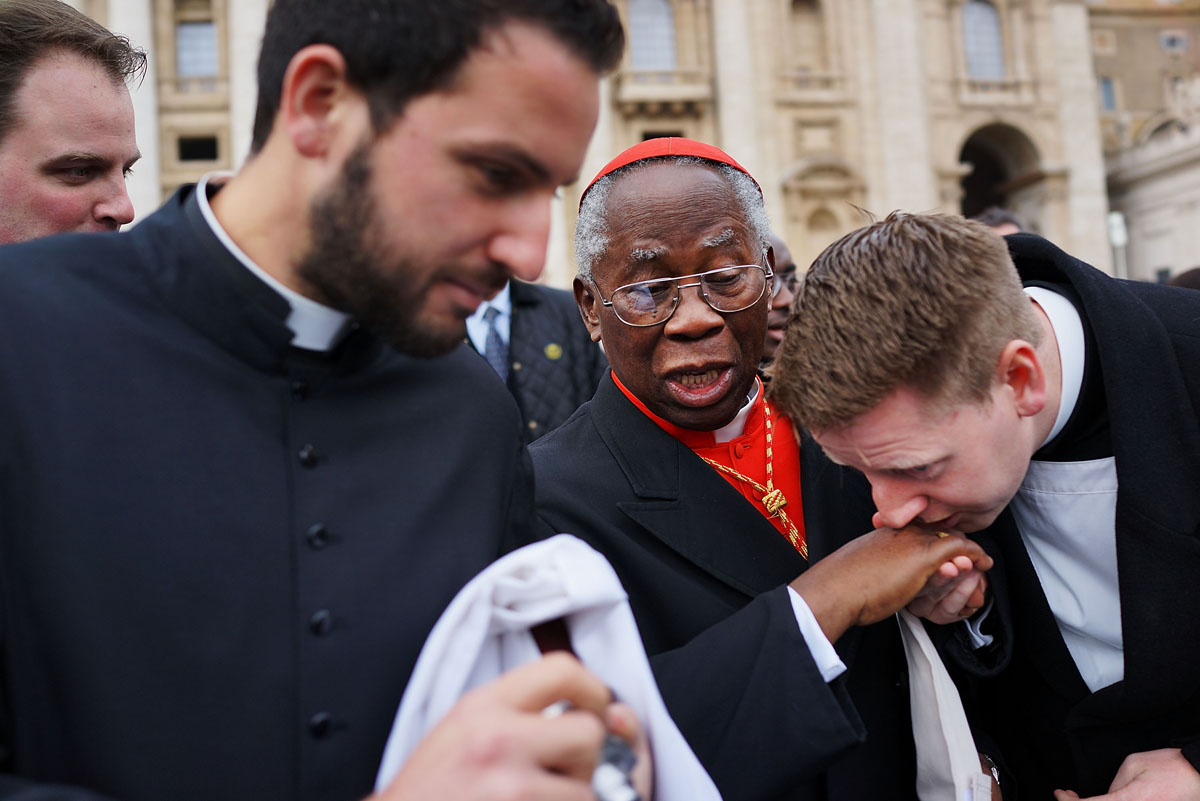 Cardinal Francis Arinze, 80, of Nigeria exits St Peter's Basilica after he attended the Pro Eligendo Romano Pontifice Mass before he and the other Cardinals will enter the conclave to decide who the next pope will be on March 12, 2013 in Vatican City, Vatican. | Spencer Platt/Getty Images