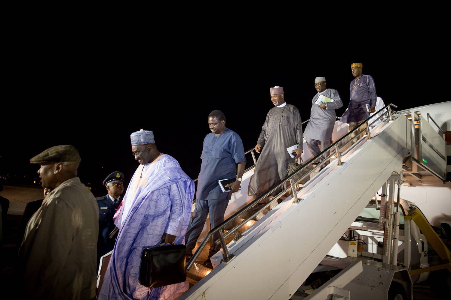 Photo shows members of President Muhammadu Buhari's entourage alighting from a presidential jet in New York for the United Nations General Assembly in October 2015