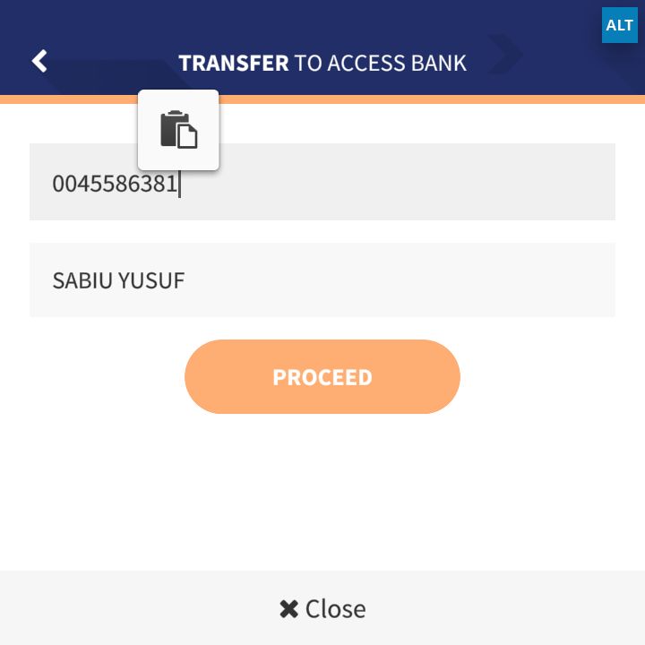 Screen shot of an attempt to make a transfer to the account