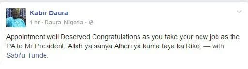 A congratulatory message to Sabi'u Yusuf from one Kabir Daura