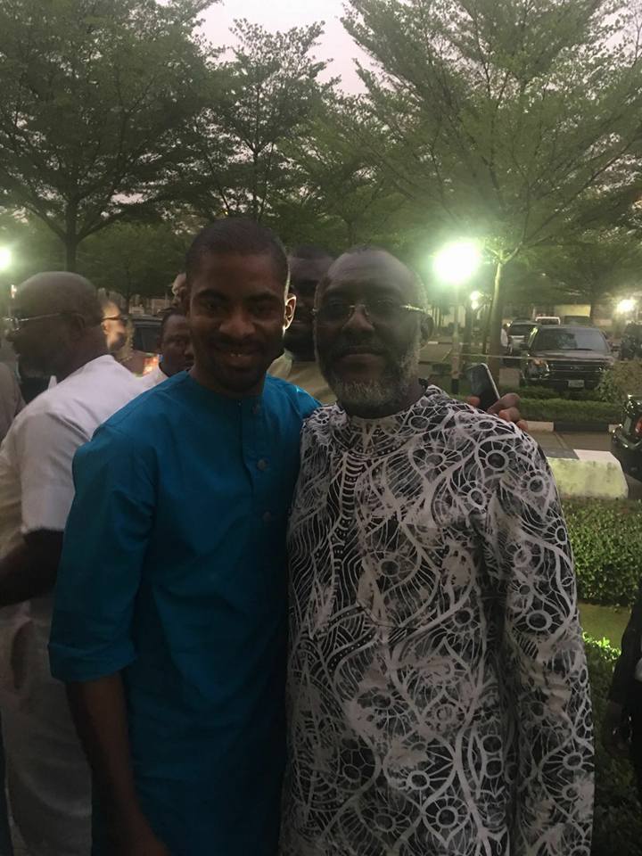 Olisa Metuh (r) with a PDP youth leader, Deji Adeyanju just after stepping out of prison custody | Facebook