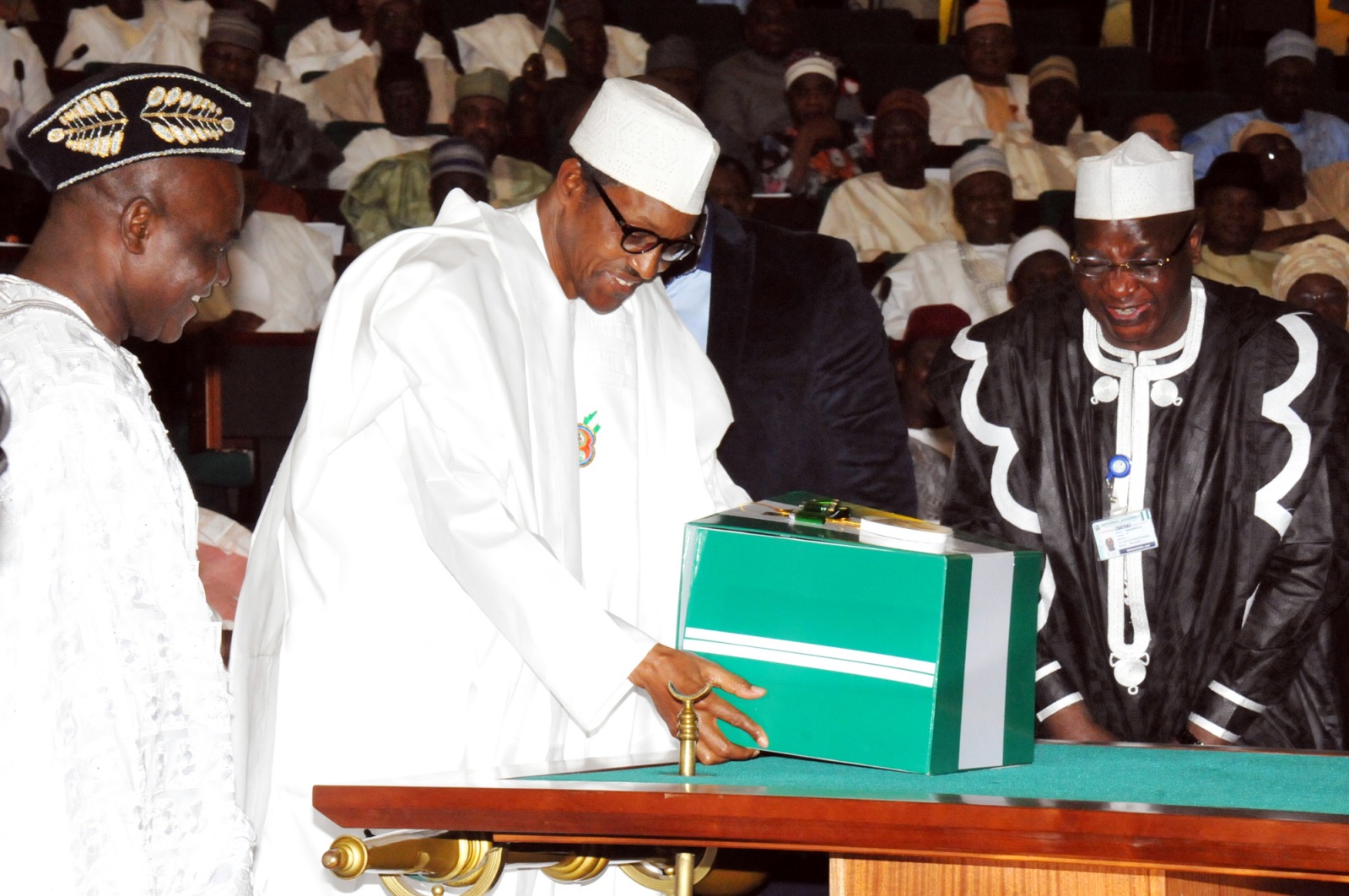 PRESIDENT MUHAMMADU BUHARI (L), PRESENTING THE 2016 APPROPRATION BILL TO A JOINT SESSION OF THE NATIONAL ASSEMBLY IN ABUJA ON TUESDAY (22/12/15). LEFT IS THE SENIOR SPECIAL ASSISTANT TO THE PRESIDENT ON NATIONAL ASSEMBLY MATTAERS (SENATE), SEN. ITA ENANG AND CLERK OF THE NATIONAL ASSEMBLY, ALHAJI SALISU MAIKASUWA.