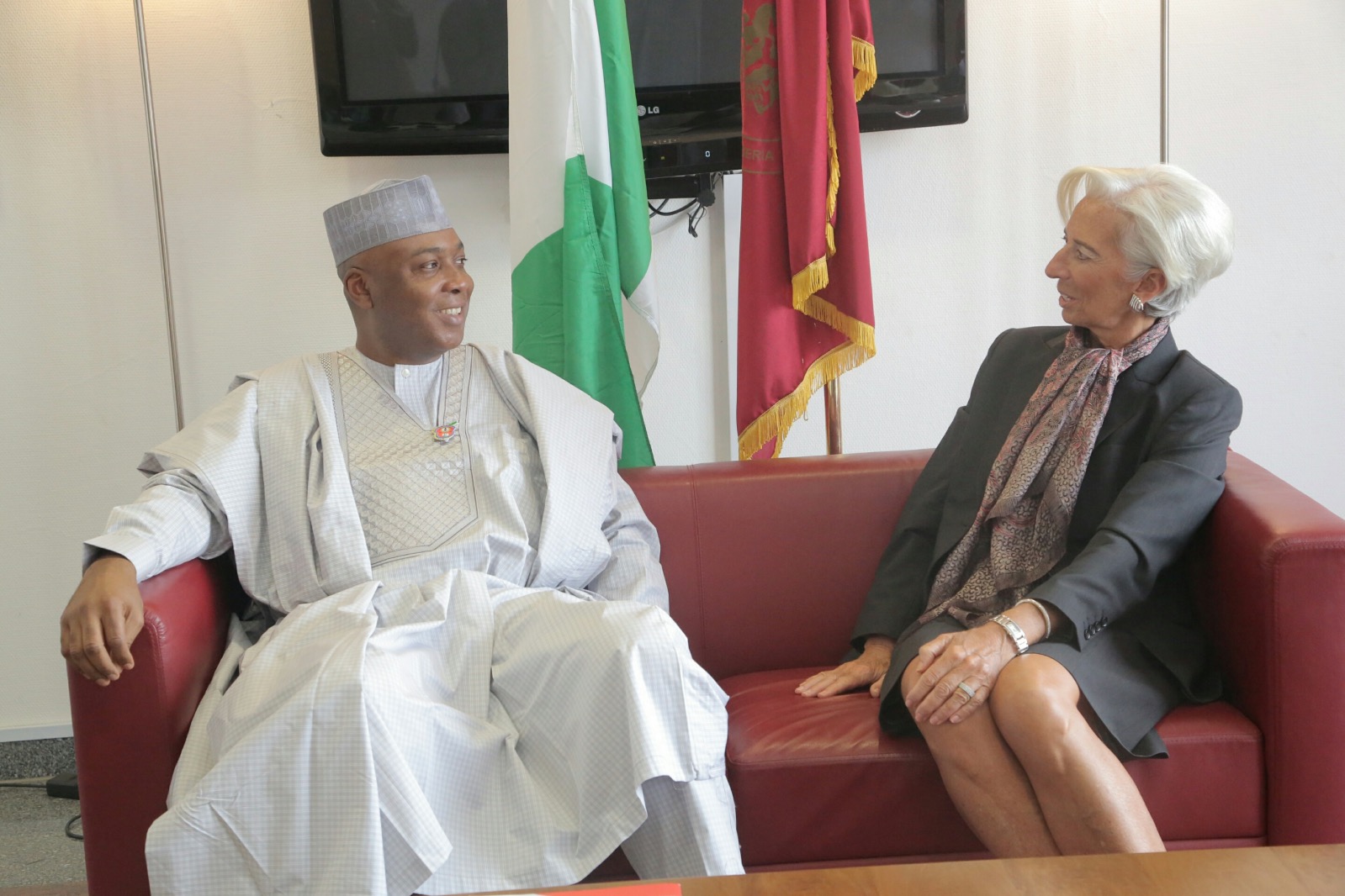 IMF Boss, Christine Lagarde   (r) visits Senate President, Dr. Bukola Saraki on Wednesday, January 6, 2015 as part of her 4-day visit to Nigeria | Senate Photo