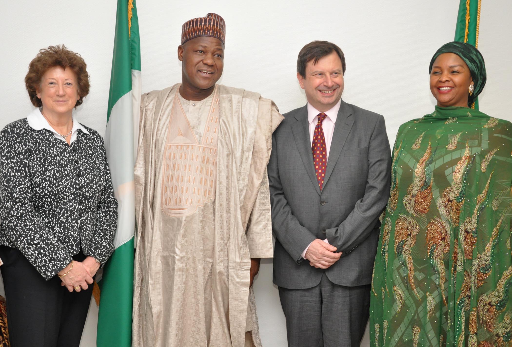 L--R, British minister of state, Baroness Joyce Anelay, Speaker House of Representatives, Rt. Hon. Yakubu Dogara, British High commissioner to Nigeria, Paul Arkwright and Sen. Binta Masi-Garba during a courtesy visit to the office of the Speaker House of Representatives at National Assembly yesterday. | Speakers Media Office.