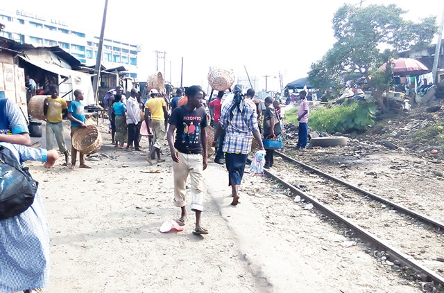 Scene of the accident where a train crushed a deaf and dumb man to death in the Oyingbo area of Lagos State on Tuesday, February 16, 2016