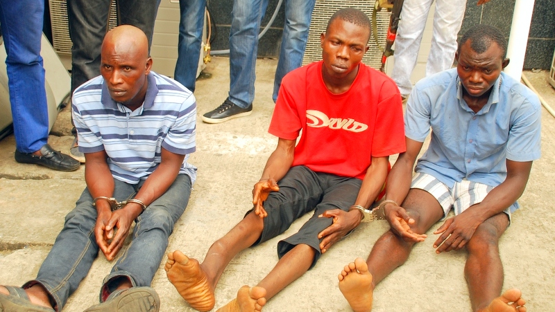 The three suspects arrested in connection with the abduction of three female students of Babington Macaulay Junior Seminary, Ikorodu being paraded by the Police, at the Lagos House, Ikeja, on Sunday, March 06, 2016.