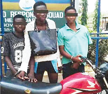 The suspects, Daniel Dali, 19, Emmanuel Ashaolu, 17 and Bright Ikenna, 17, who specialised in snatching valuables using motorcycles, were arrested around 10:48pm on Friday, March 11, 2016 in the Ajegunle area of Lagos State | Punch