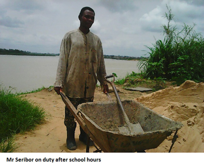 60-year-old Adalabu Seribor,  JSS 2 student of Izon College, Bomadi- Overside in Bomadi Local Government Area, Delta State, working after school hours.