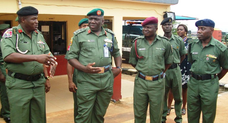 From Left: The Commander of 302 Artillery Regiment, Onitsha, Colonel Isa Abdullahi, the GOC 82 Division, Ibrahim Attahiru, the Officer-in-Charge of Cantonment Medical Reception Station, Captain S. O. Shittu, and the Commanding Officer, 14 Field Engineers Regiment, Onitsha, Lt. Colonel Sheriff Aremu during the familiarization tour of the GOC to Onitsha Military Cantonment in Anambra on Friday, September 18, 2015 | NAN Photo