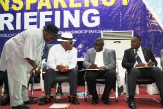L-right: Chief T. K.O.Okorotie, Deputy Governor of Bayelsa State, Rear Admiral Gboribiogha John Jonah rtd, Special Adviser to the Governor on Treasury, Revenue and Accounts, Mr. Timipre Seipulo and the Commissioner of Information and Orientation, Hon. Obuebite Jonathan during the Transparency Initiative Monthly Press Briefing at the Chief DSP Alamieyeseigha Memorial Banquet Hall, Government House Yenagoa |Lucky Francis 
