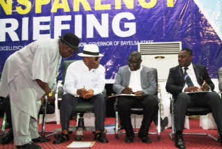 L-right: Chief T. K.O.Okorotie, Deputy Governor of Bayelsa State, Rear Admiral Gboribiogha John Jonah rtd, Special Adviser to the Governor on Treasury, Revenue and Accounts, Mr. Timipre Seipulo and the Commissioner of Information and Orientation, Hon. Obuebite Jonathan during the Transparency Initiative Monthly Press Briefing at the Chief DSP Alamieyeseigha Memorial Banquet Hall, Government House Yenagoa |Lucky Francis
