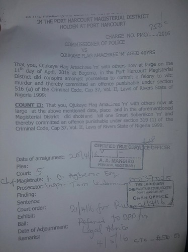 The charge sheet for which Ojukaye Flag-Amachree is being arraigned at a Port Harcourt High Court